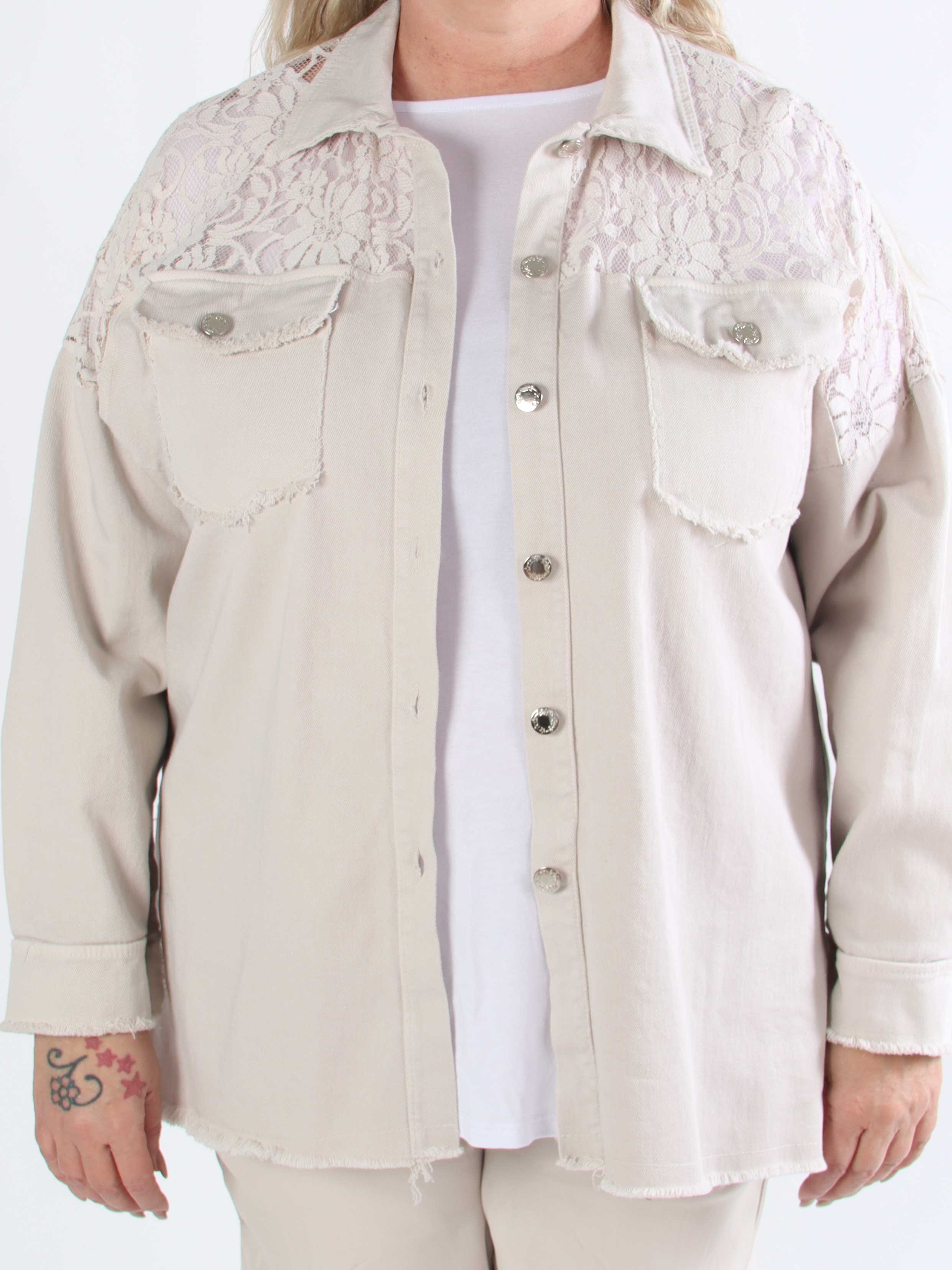 Scarlett - Jeansjacka i plusstorlek med spets på axlarna